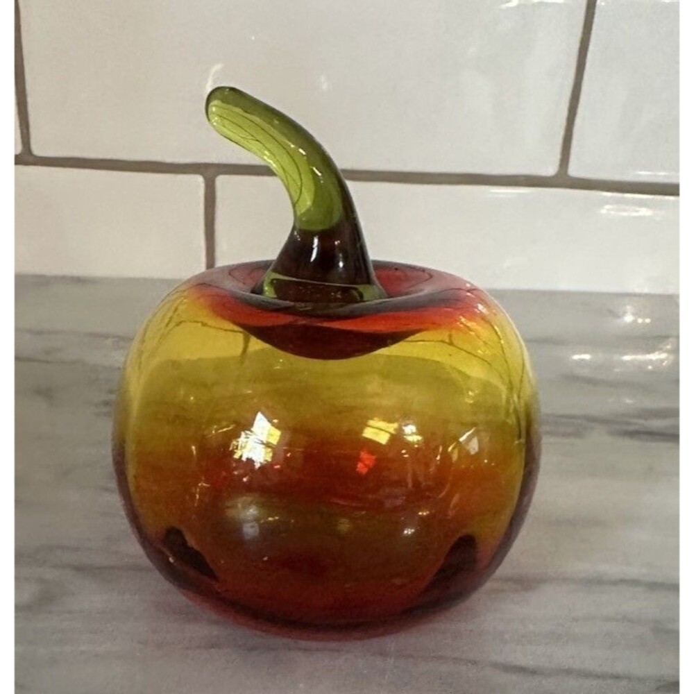 Vintage Amberina Art Glass Apple Green Stem Paperweight Glows Under UV Light